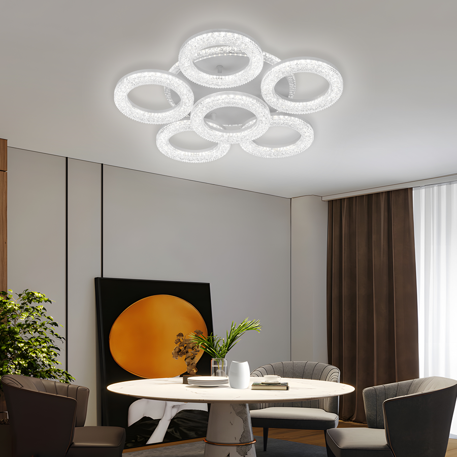 FREJA LED полилей с дистанционно управление, 51 см, 90 W, 3000K/4000K/6000K, димируем, бял, кристали, 6 кръга LED полилей с дистанционно управление Заглавие по подразбиране Alessandro Design