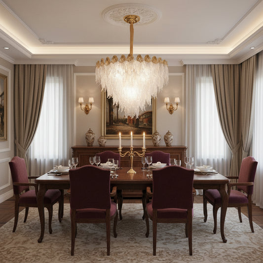 Candelabru Cristal MURANO Eleganza 9xE14, D50 cm, Auriu, Inaltime Reglabila, Metal si Cristal