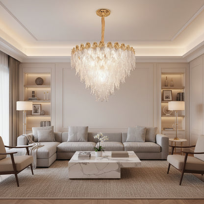 Candelabru Cristal MURANO Eleganza 9xE14, D50 cm, Auriu, Inaltime Reglabila, Metal si Cristal
