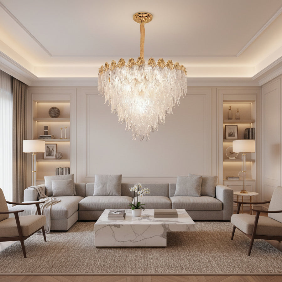 Candelabru Cristal MURANO Eleganza 9xE14, D50 cm, Auriu, Inaltime Reglabila, Metal si Cristal