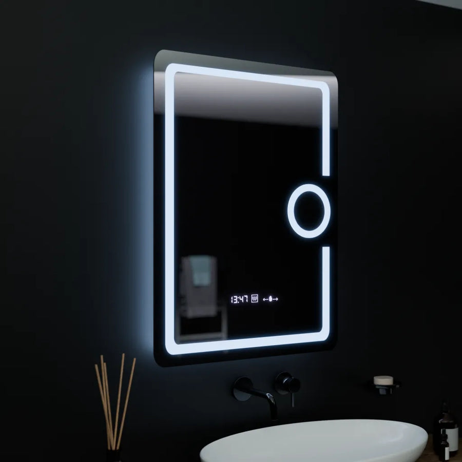 Правоъгълно LED огледало, 60x80 см, Eclat MotionGlow Marcello, часовник и термометър, система против запотяване, козметична лупа, огледала Dimabila Marcello Заглавие по подразбиране Alessandro Design