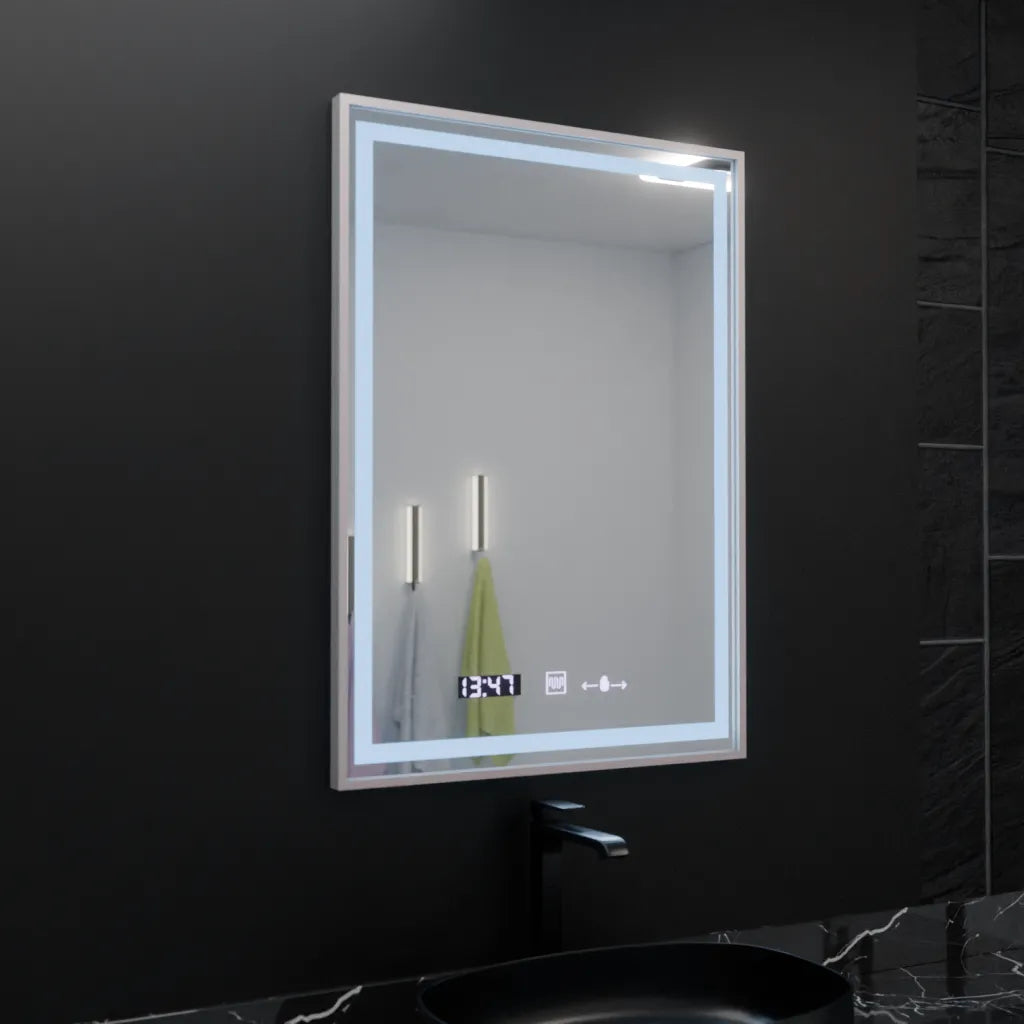 Правоъгълно LED огледало, 60x80 см, Verite Imperial Silver Motion Glow Marcello, система против мъгла, часовник и термометър, димируеми огледала Marcello Заглавие по подразбиране Alessandro Design