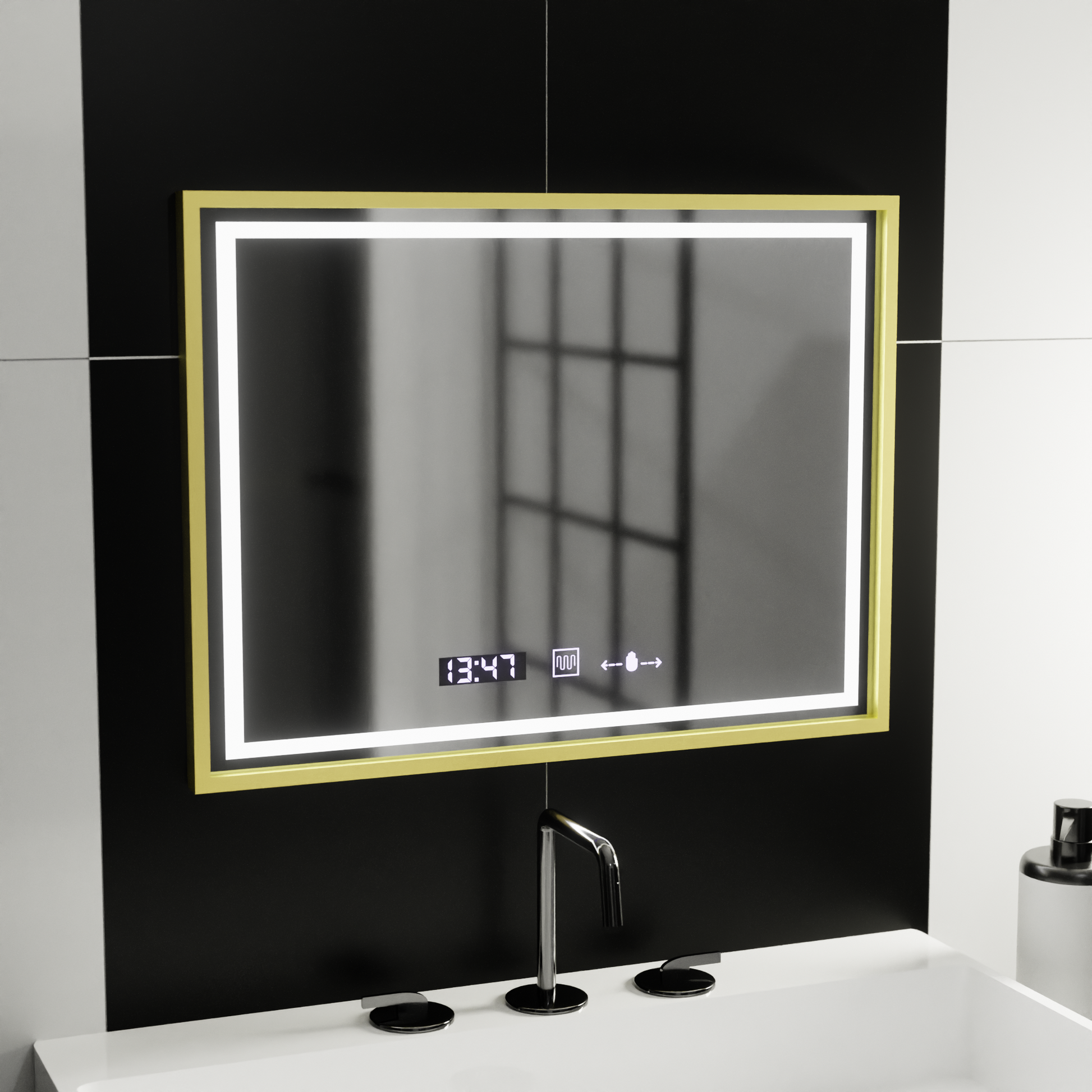 Правоъгълно LED огледало, 80x60 см, Verite Royale Gold MotionGlow Marcello, система за обезпотяване, часовник и термометър, димируеми огледала Marcello Заглавие по подразбиране Alessandro Design