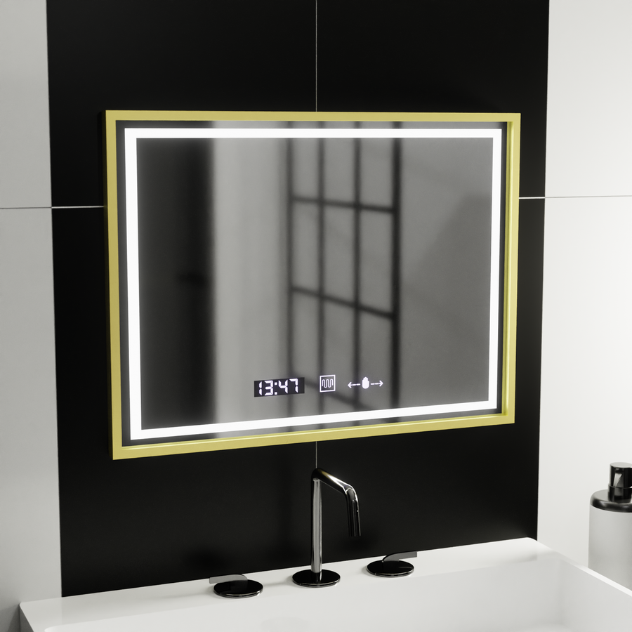 Правоъгълно LED огледало, 80x60 см, Verite Royale Gold MotionGlow Marcello, система за обезпотяване, часовник и термометър, димируеми огледала Marcello Заглавие по подразбиране Alessandro Design