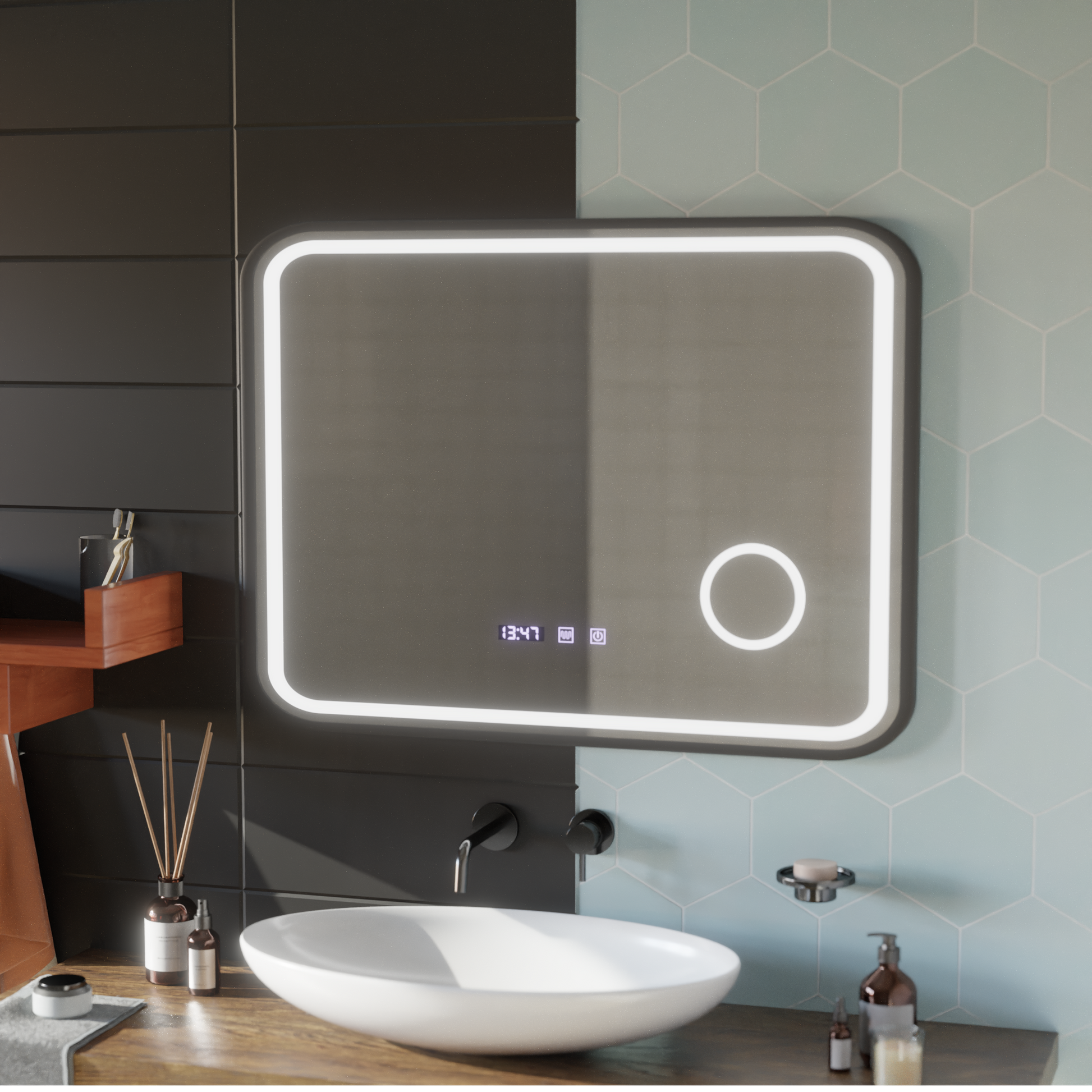 LED Touch Bernd Система за премахване на запотяването на огледалото, часовник и температура 80x60 cm Черна рамка Матирана козметична лупа Огледала Korman S Заглавие по подразбиране Alessandro Design