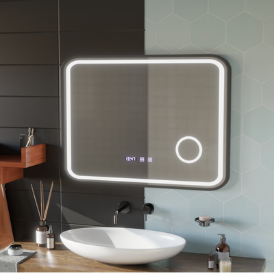 Bernd LED Touch Mirror система против запотяване, часовник и температура 80x60 см черна рамка, козметична лупа