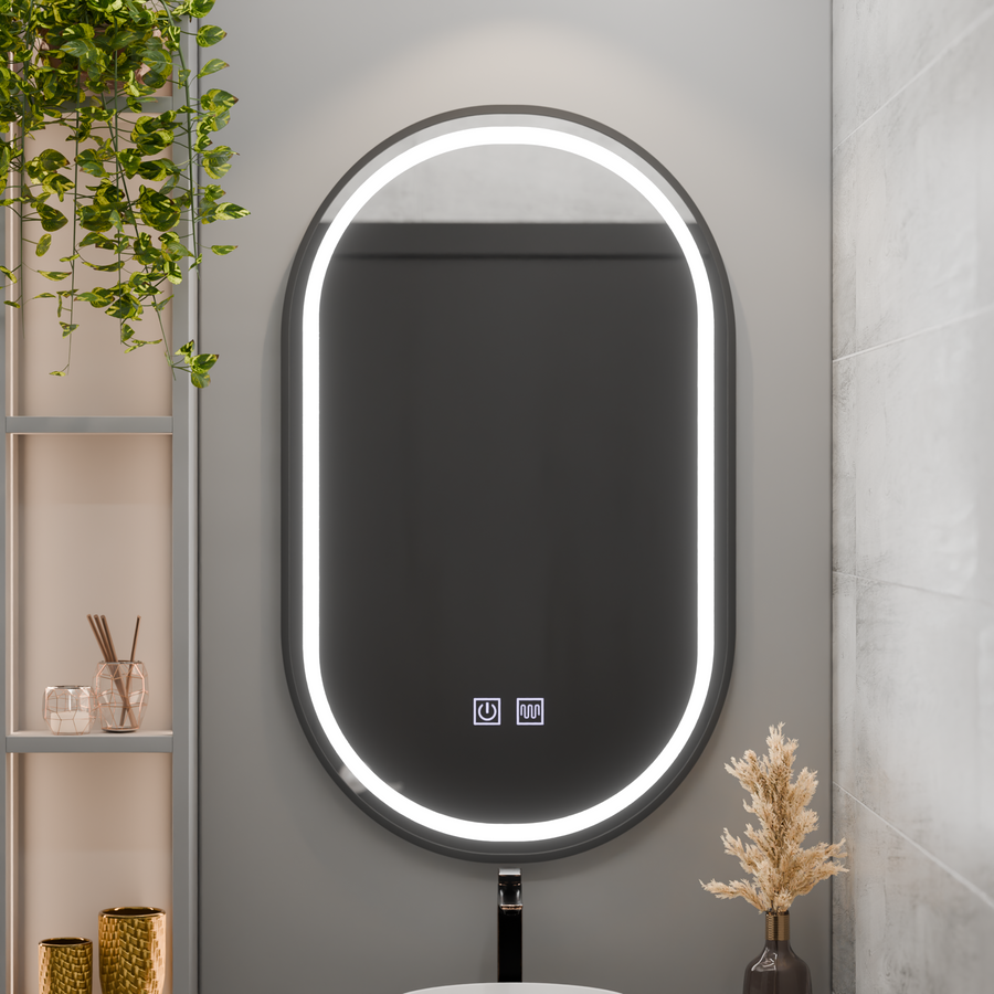 Овално LED огледало 50x100cm VETRO Touch Dimable Demister System, черна рамка Korman Mirrors E Заглавие по подразбиране Alessandro Design