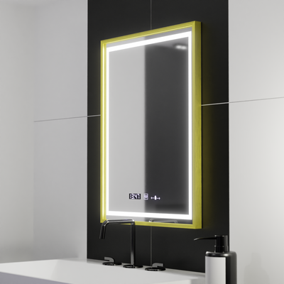 Правоъгълно LED огледало, 50x70 см, Verite Royale Gold Motion Glow Marcello, система против запотяване, часовник и термометър, димиране