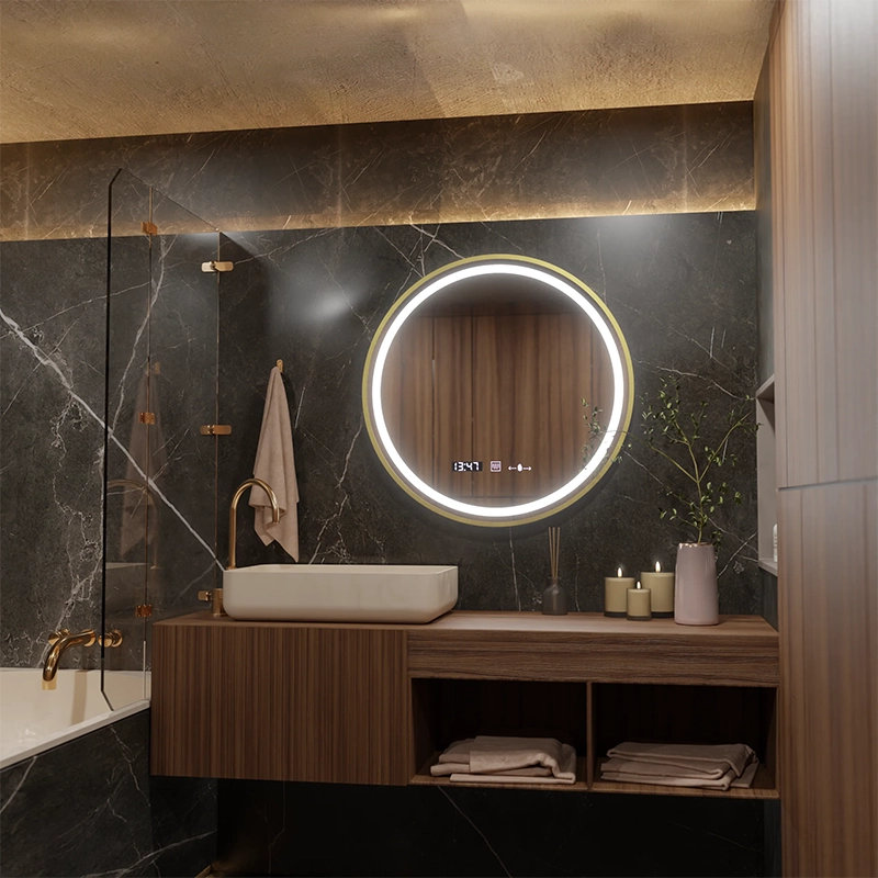 LED кръгло огледало, 60 см, Celeste Royale Gold MotionGlow Marcello, система против запотяване, часовник и термометър, димируем