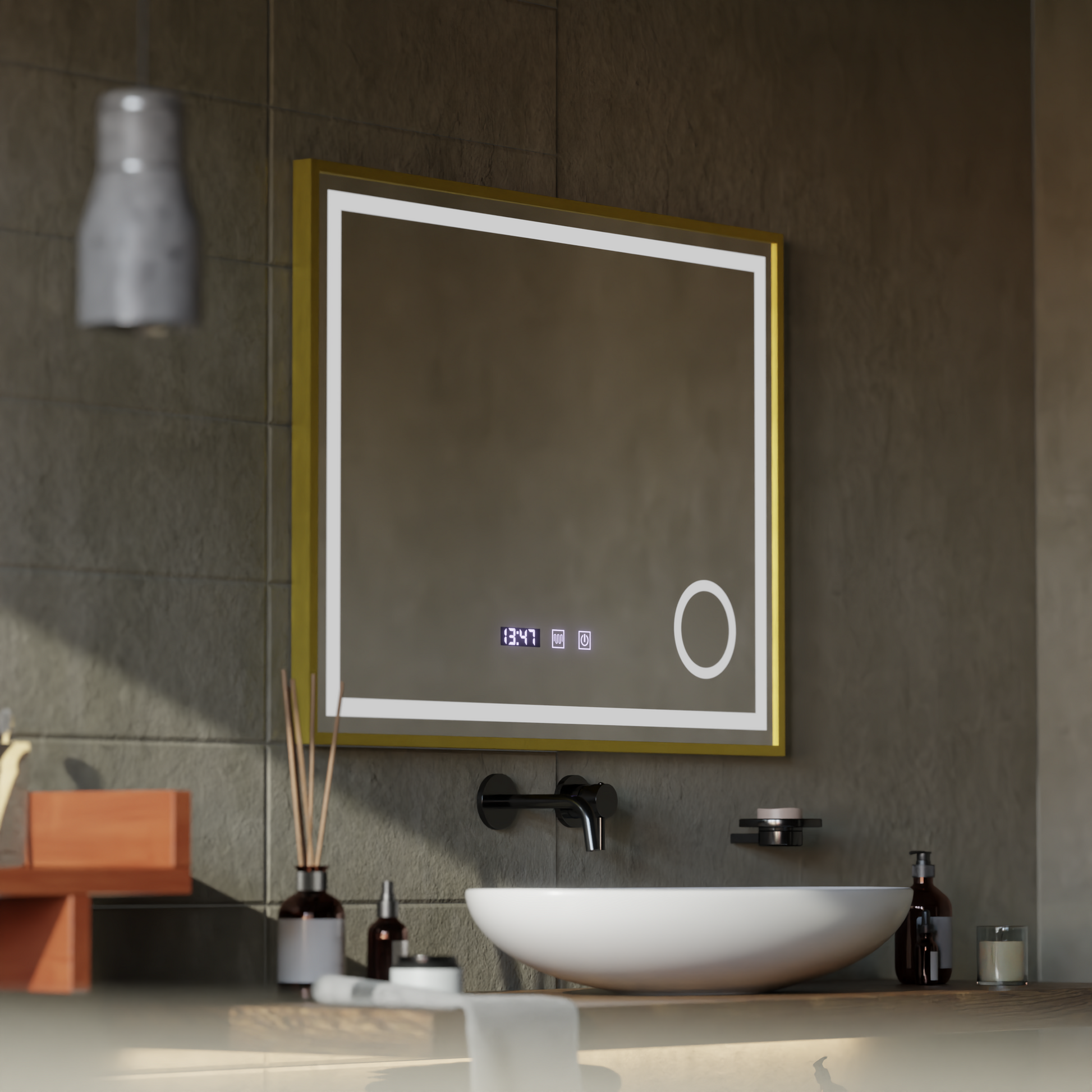LED Touch CLARUS Система за размразяване на огледалото, часовник и температура 80x60 cm Златна рамка Матирана козметична лупа Огледала Korman S Заглавие по подразбиране Alessandro Design