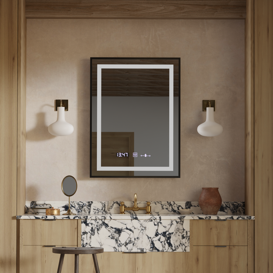 Правоъгълно LED огледало, 50x70 см, Verite Majeste Noir Motion Glow Marcello, система за обезпотяване, часовник и термометър, димируеми огледала Marcello Заглавие по подразбиране Alessandro Design