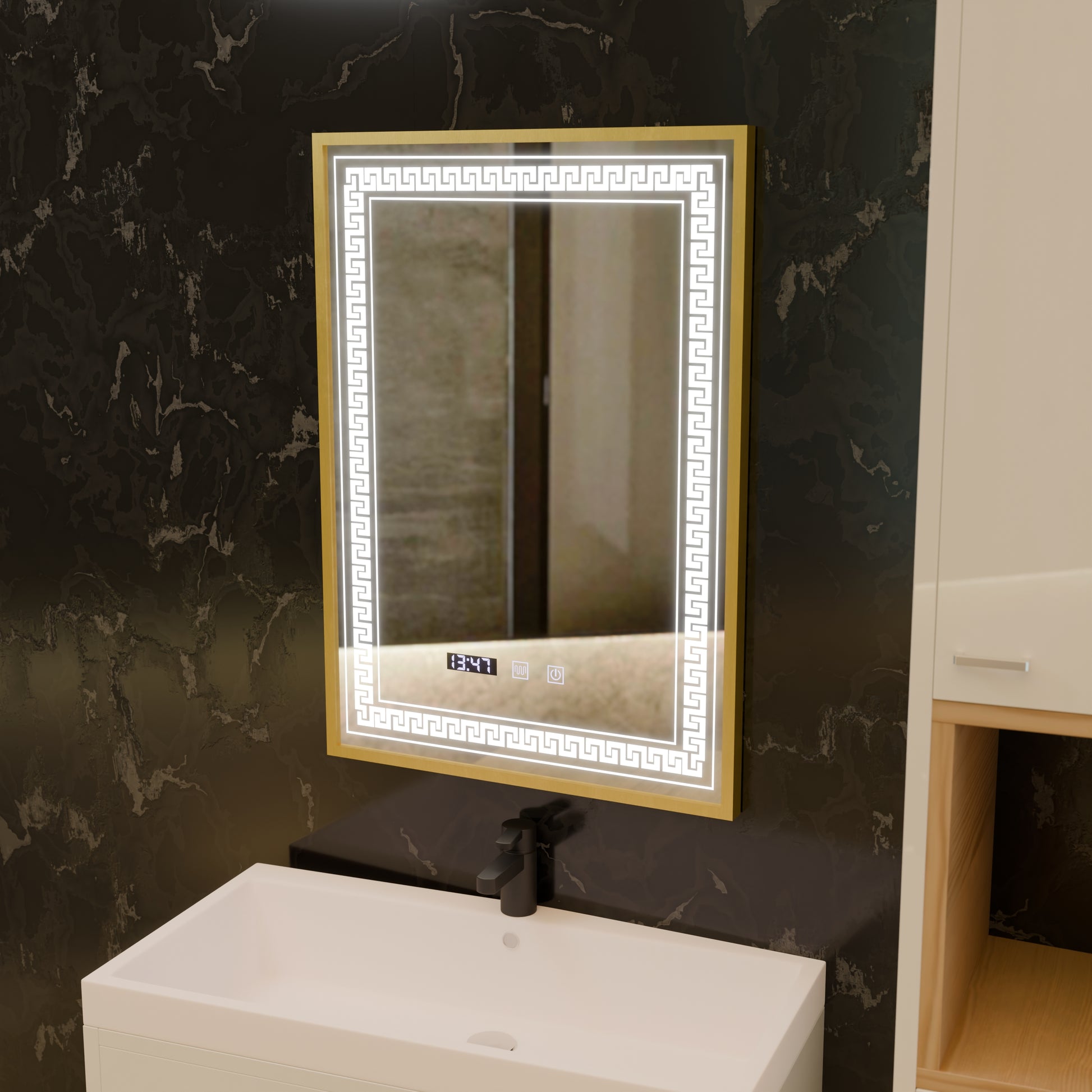 Огледало LED Touch Bruno Demister System, Clock and Temperature 60x80 cm Матирана златна рамка, S84/60X80 Огледала Korman S Заглавие по подразбиране Alessandro Design