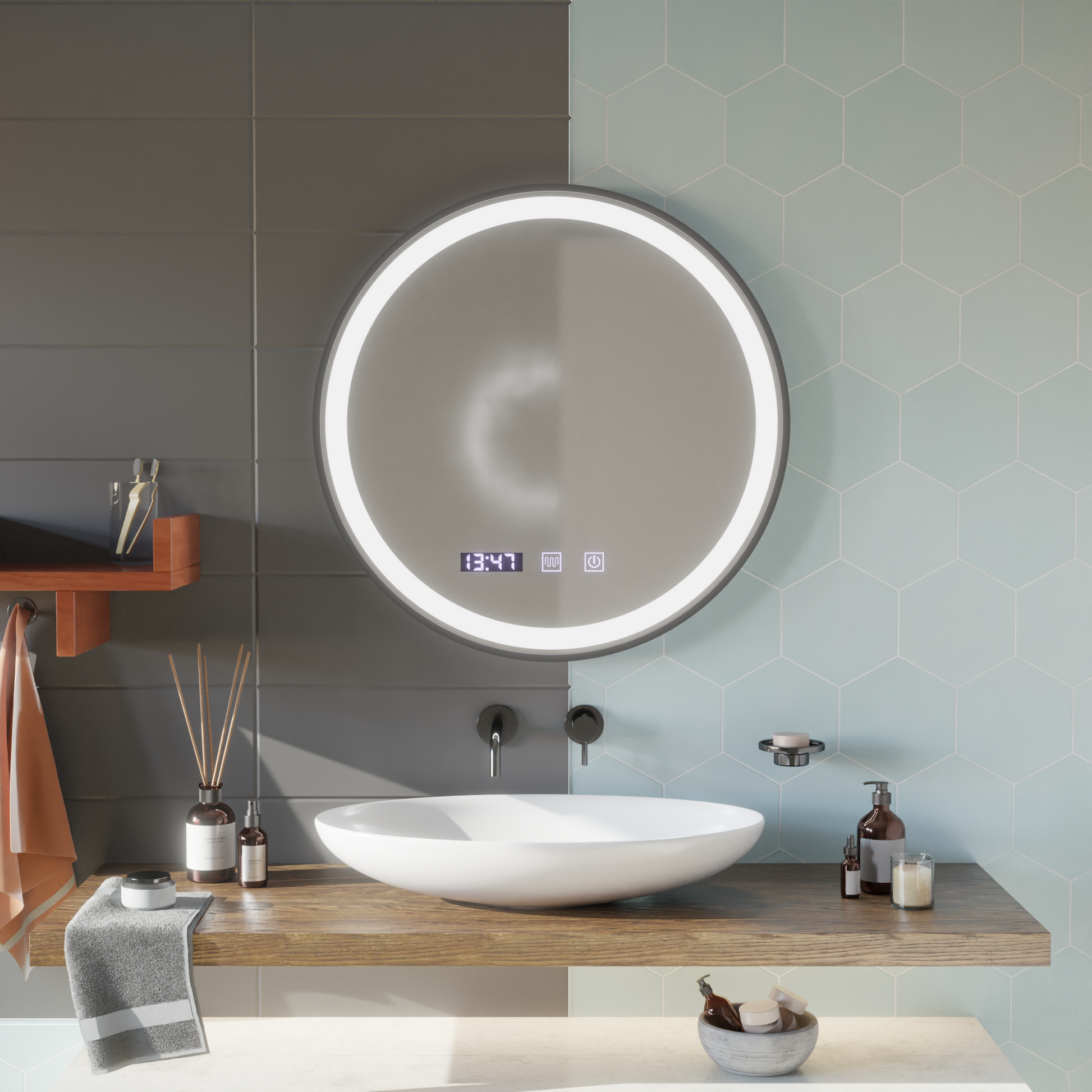 Огледало LED Touch NOVARA Demister System, Clock and Temperature 80 cm Frame Black Brushed Mirrors Korman S Заглавие по подразбиране Alessandro Design