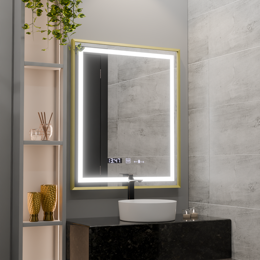 Правоъгълно LED огледало, 75x90 см, Verite Royale Gold MotionGlow Marcello, система за обезпотяване, часовник и термометър, димируеми огледала Marcello Заглавие по подразбиране Alessandro Design