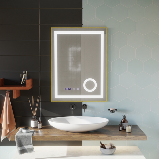 LED Touch CLARUS Система за размразяване на огледалото, часовник и температура 60x80 cm Златна рамка Полирана козметична лупа Огледала Korman S Заглавие по подразбиране Alessandro Design