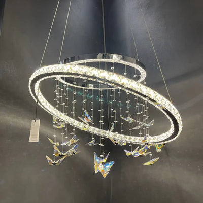 Окачен LED полилей с дистанционно управление и кристал 50W, 2 кръга, Студена/Топла/Неутрална светлина, Димируем, Блестящ хром, Регулируема височина