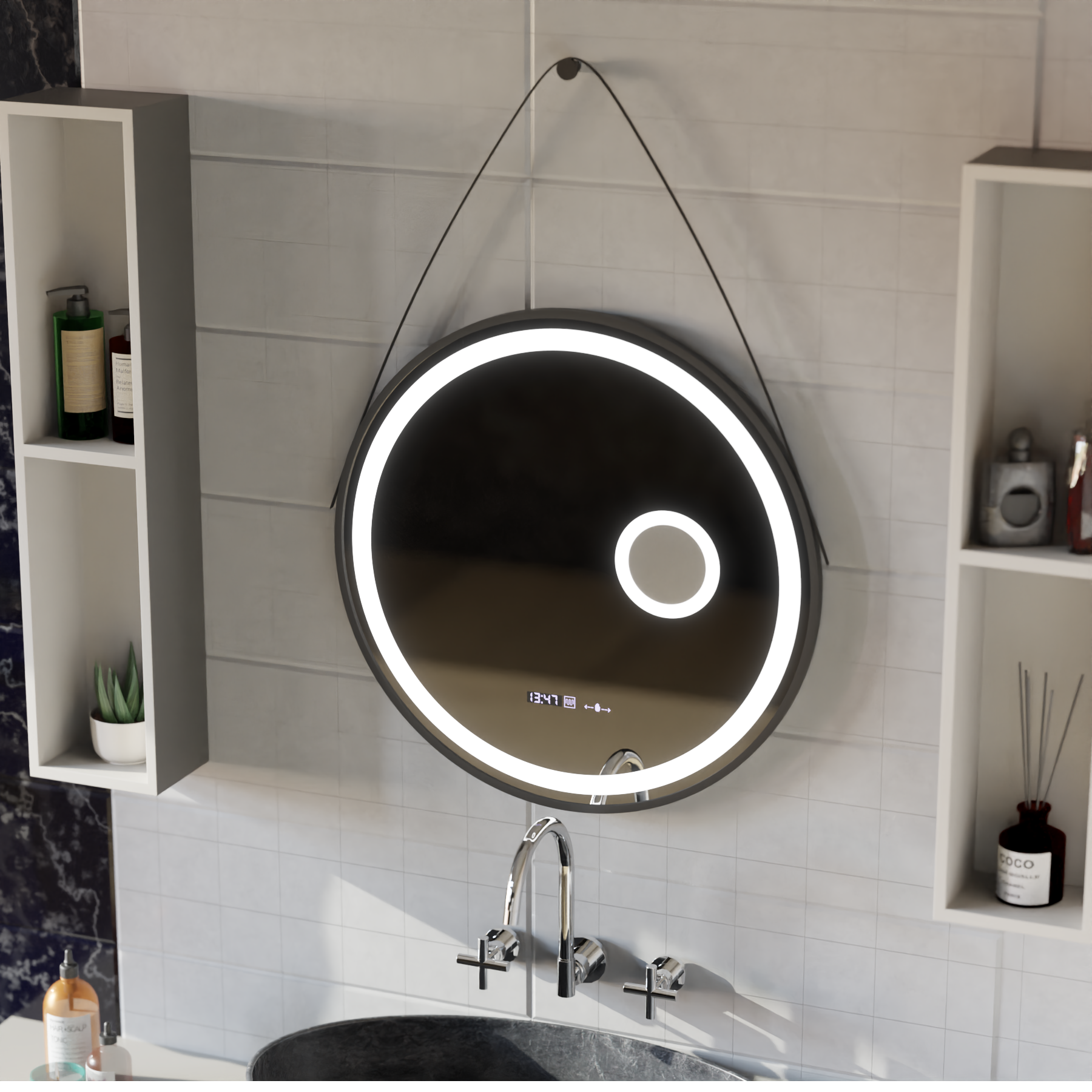 LED кръгло огледало, 11 W, 60 cm, Micah Marcello MotionGlow сензор, система против запотяване, часовник и термометър, козметична лупа, димируеми огледала Marcello Заглавие по подразбиране Alessandro Design
