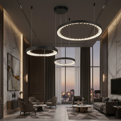 LED полилей, окачен с дистанционно управление, K9 кристали, 80W, 3 кръга, студена/гореща/неутрална светлина, нестабилна, черна, регулируема височина