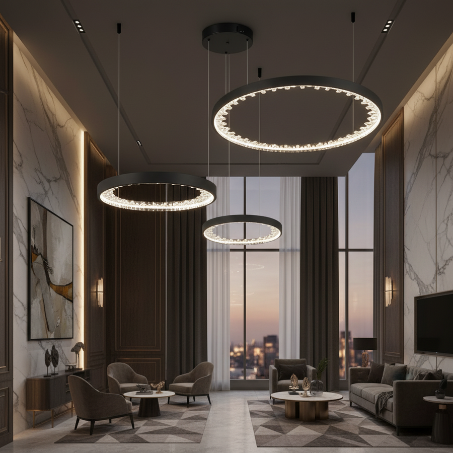 LED полилей, окачен с дистанционно управление, K9 кристали, 80W, 3 кръга, студена/гореща/неутрална светлина, нестабилна, черна, регулируема височина