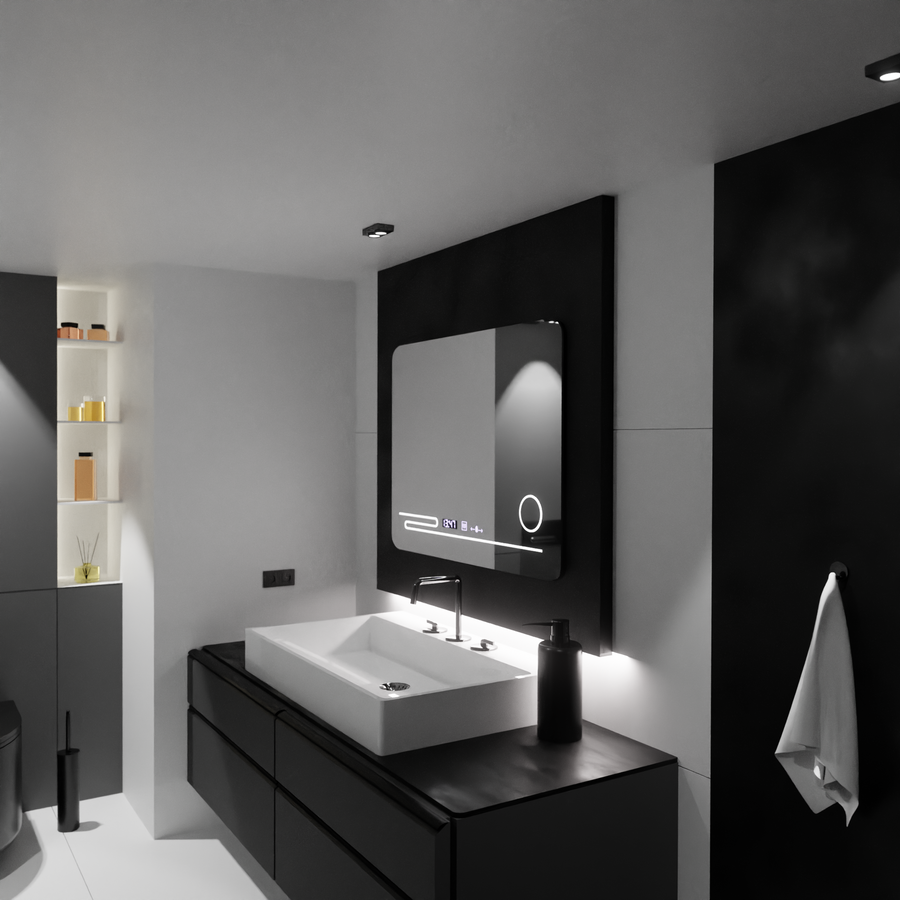 Правоъгълно LED огледало, 80x60 см, Harmonie MotionGlow Marcello, система за обезпотяване, термометър и часовник, козметична лупа, димируеми огледала Marcello Заглавие по подразбиране Alessandro Design