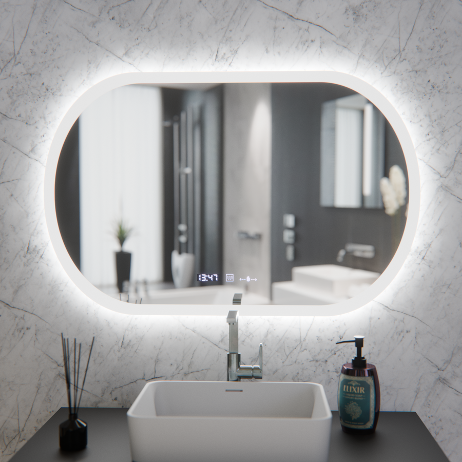 Овално LED огледало, 80x50 см, Altera Marcello MotionGlow сензор, система за обезпотяване, часовник и термометър, димируеми огледала Marcello Заглавие по подразбиране Alessandro Design