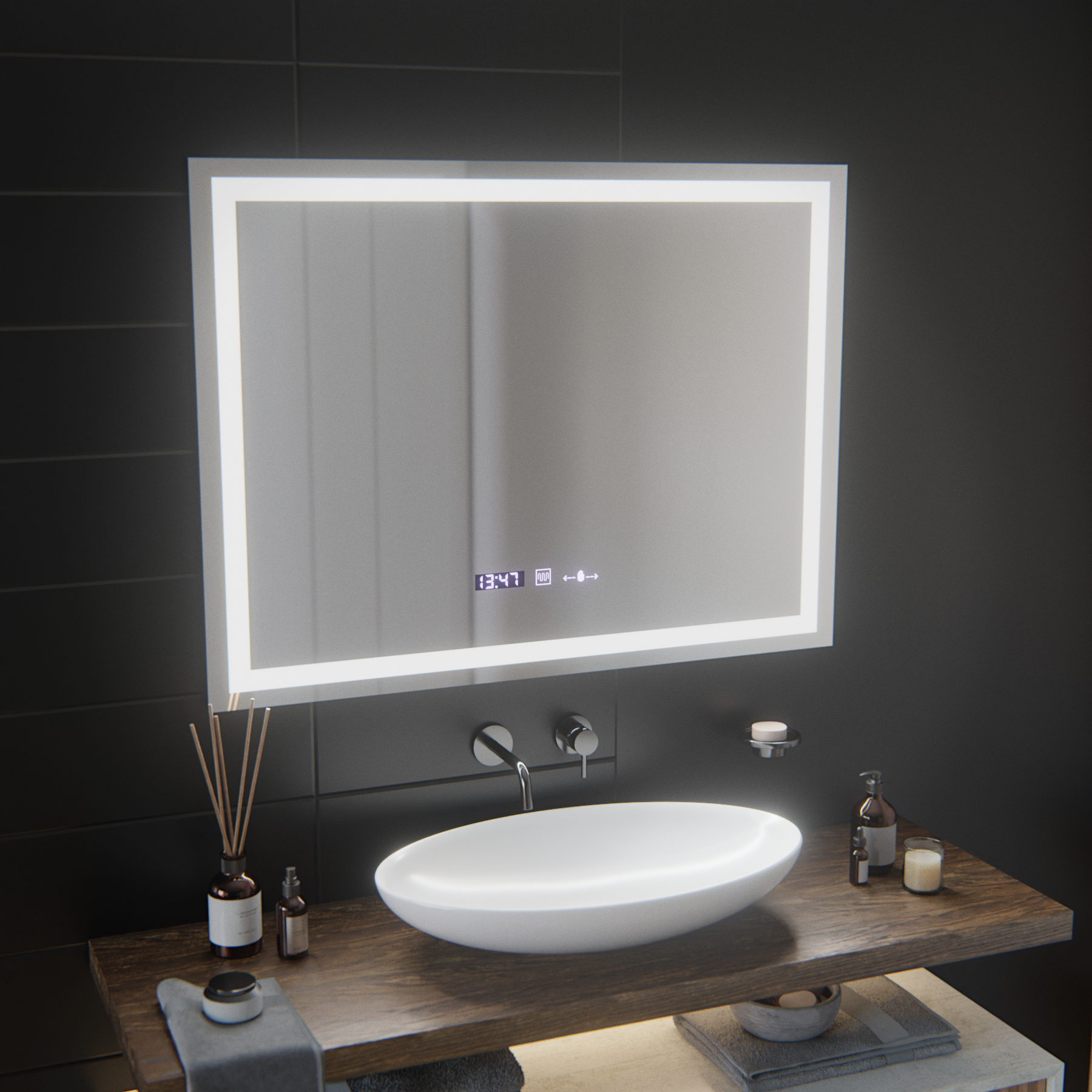 Правоъгълно LED огледало, 100x75 см, Verite MotionGlow Marcello, система за обезпотяване, часовник и термометър, димируеми огледала Marcello Заглавие по подразбиране Alessandro Design
