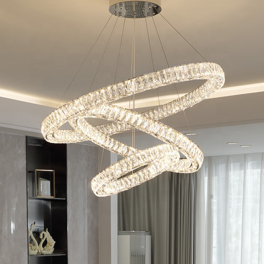 Окачен LED полилей с дистанционно управление и кристал CAYDEN 200W, 3 кръга, студена/топла/неутрална светлина, димируем, блестящ хром, регулируема височина LED полилей Заглавие по подразбиране Alessandro Design