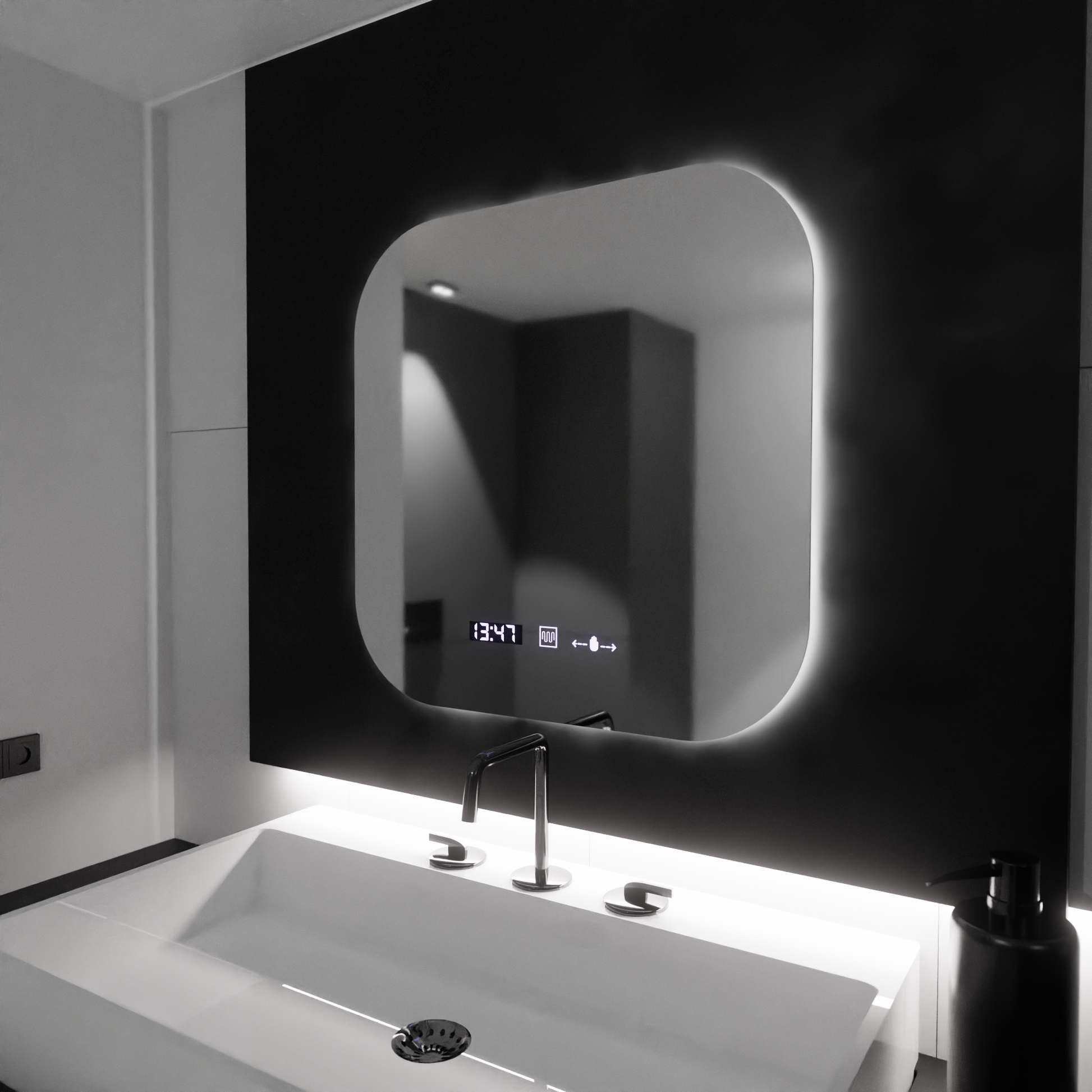 Правоъгълно LED огледало 60x60 Aura Riflesso Puro MotionGlow Marcello, система за обезпотяване, термометър и часовник, димируеми огледала Marcello Заглавие по подразбиране Alessandro Design