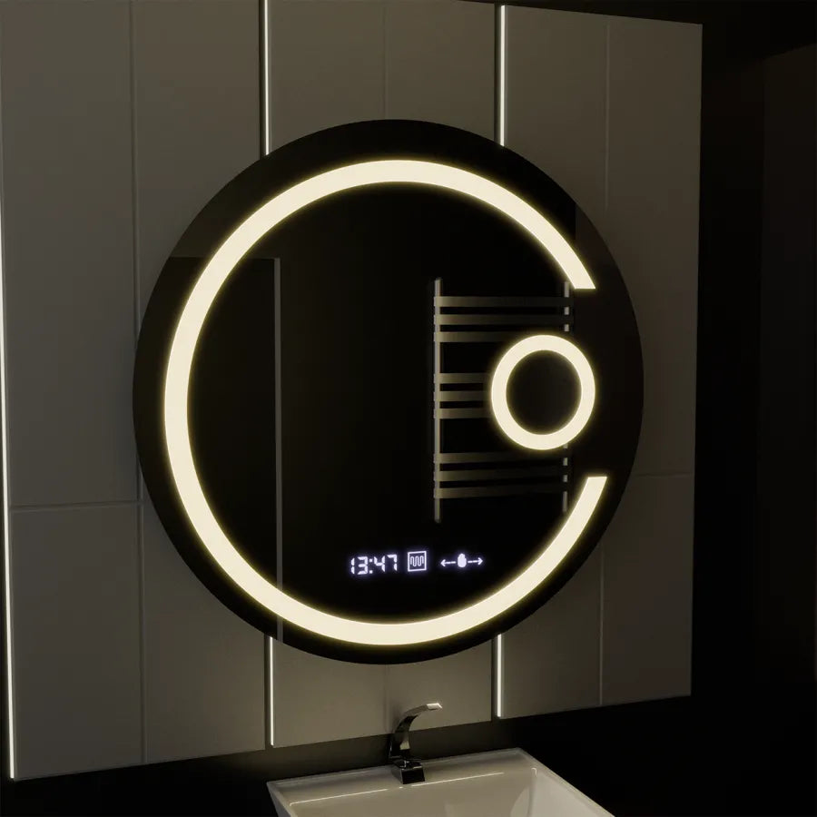 LED кръгло огледало, 22W, 70 см, Visio MotionGlow Marcello, система за обезпотяване, часовник и термометър, козметична лупа, затъмняващи се огледала Marcello Заглавие по подразбиране Alessandro Design