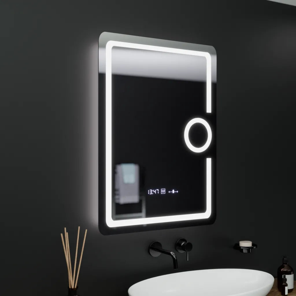 Правоъгълно LED огледало, 60x80 см, Eclat MotionGlow Marcello, часовник и термометър, система против запотяване, козметична лупа, огледала Dimabila Marcello Заглавие по подразбиране Alessandro Design