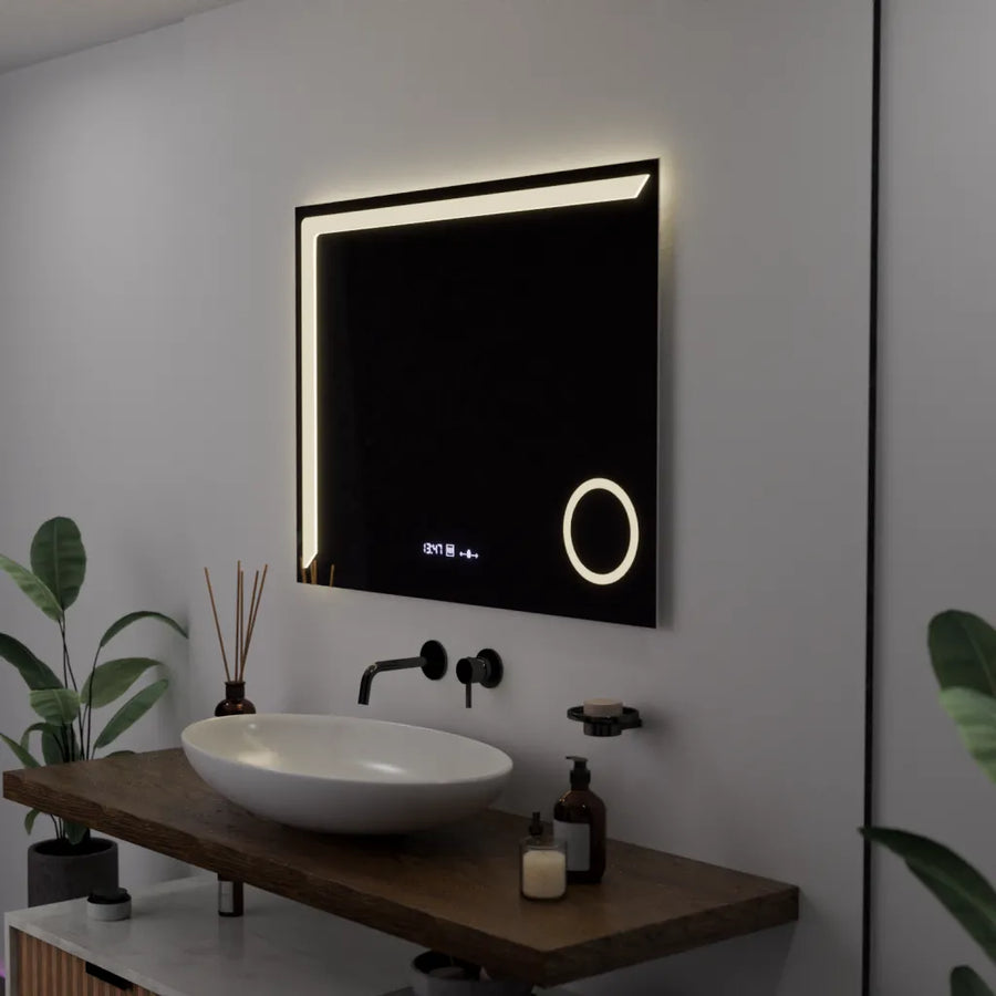 Правоъгълно LED огледало, 80x60 см, Precision MotionGlow Marcello, система за обезпотяване, часовник и термометър, козметична лупа, димируеми огледала Marcello Заглавие по подразбиране Alessandro Design