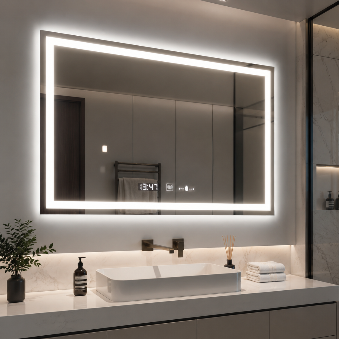 Правоъгълно LED огледало 120x80cm Vérité MotionGlow Marcello, система за обезпотяване, часовник и термометър, димируеми огледала Marcello Заглавие по подразбиране Alessandro Design