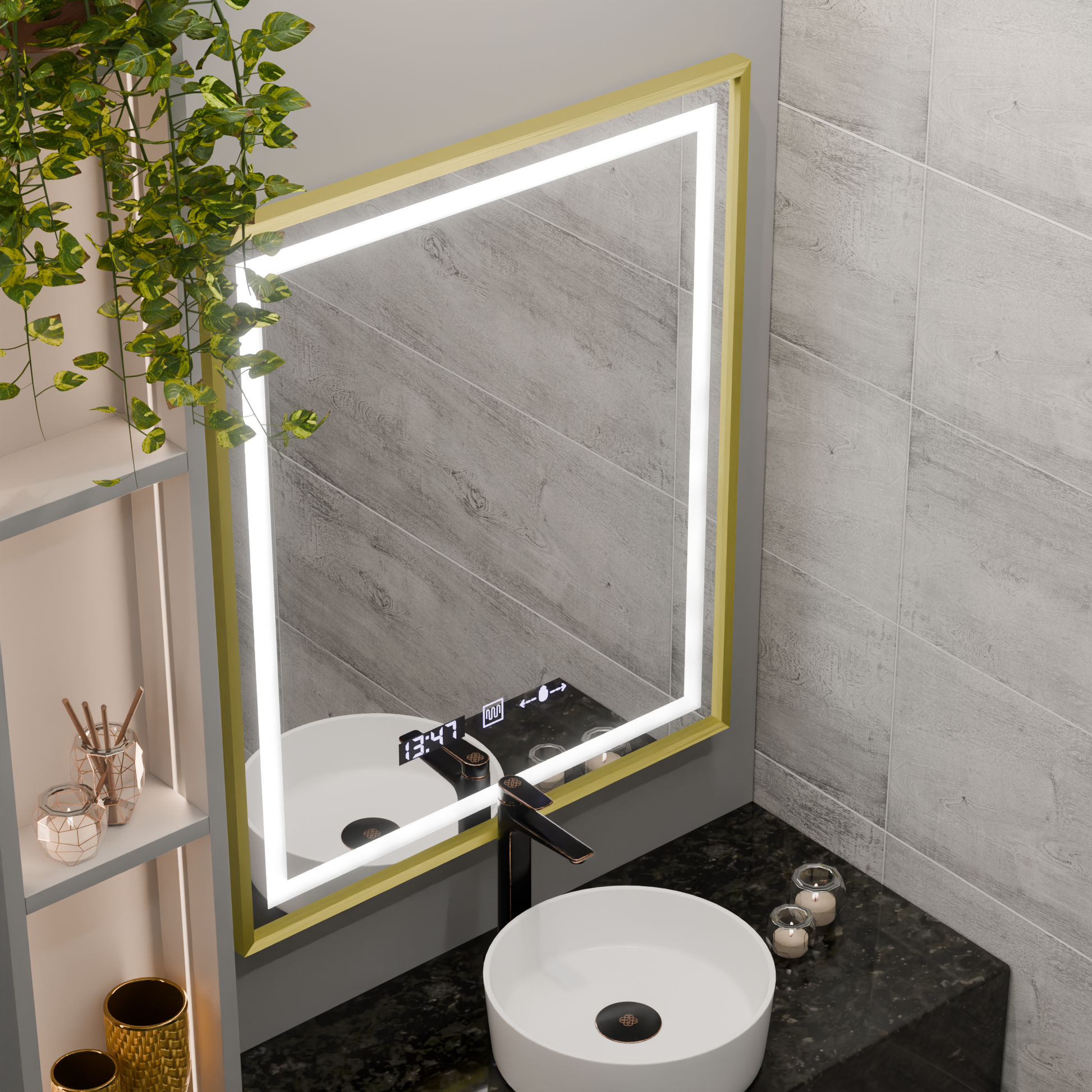 Правоъгълно LED огледало, 75x90 см, Verite Royale Gold MotionGlow Marcello, система за обезпотяване, часовник и термометър, димируеми огледала Marcello Заглавие по подразбиране Alessandro Design