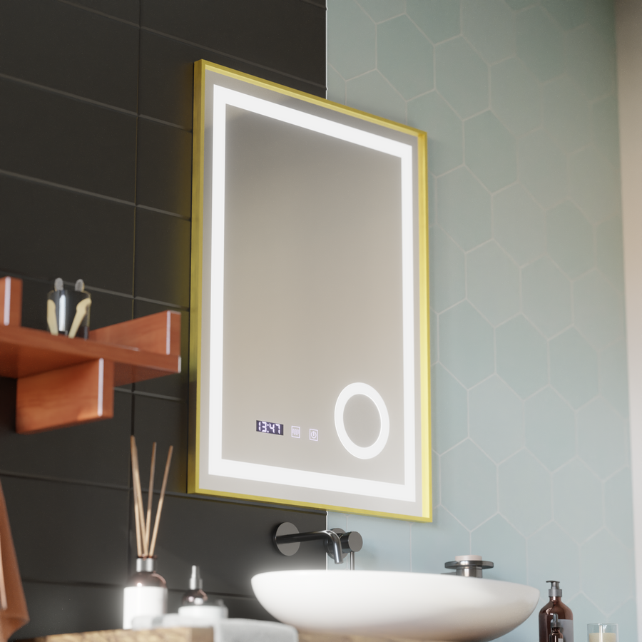 LED Touch CLARUS Система за размразяване на огледалото, часовник и температура 60x80 cm Златна рамка Полирана козметична лупа Огледала Korman S Заглавие по подразбиране Alessandro Design