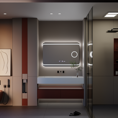 Правоъгълно светодиодно огледало, 100x60см, дефиниция Motionglow Marcello, система за размразяване, часовник и термометър, козметична лупа, подразбираща се