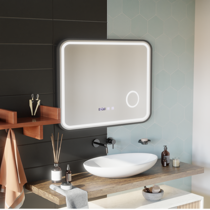 LED Touch Bernd Система за премахване на запотяването на огледалото, часовник и температура 80x60 cm Черна рамка Матирана козметична лупа Огледала Korman S Заглавие по подразбиране Alessandro Design