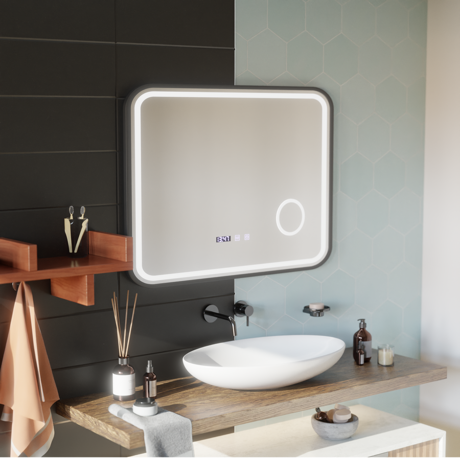 LED Touch Bernd Система за премахване на запотяването на огледалото, часовник и температура 80x60 cm Черна рамка Матирана козметична лупа Огледала Korman S Заглавие по подразбиране Alessandro Design