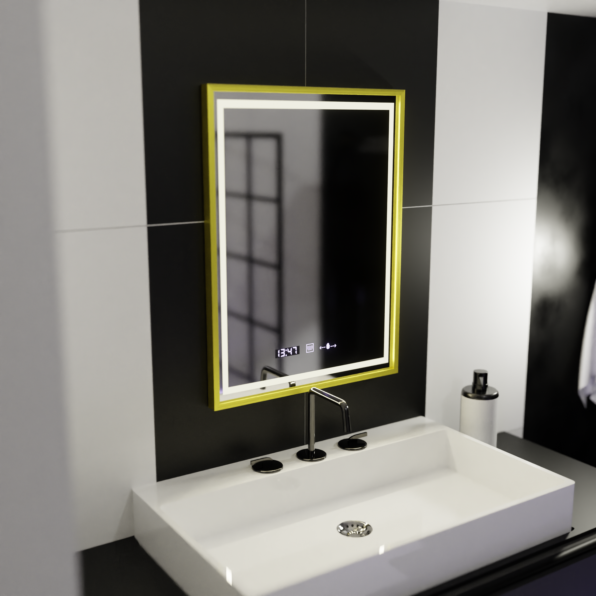 Правоъгълно LED огледало, 50x70 см, Verite Royale Gold Motion Glow Marcello, система за обезпотяване, часовник и термометър, димируеми огледала Marcello Заглавие по подразбиране Alessandro Design