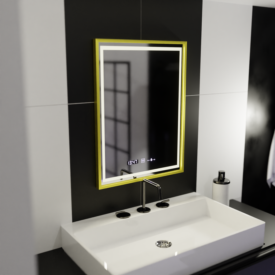 Правоъгълно LED огледало, 50x70 см, Verite Royale Gold Motion Glow Marcello, система за обезпотяване, часовник и термометър, димируеми огледала Marcello Заглавие по подразбиране Alessandro Design
