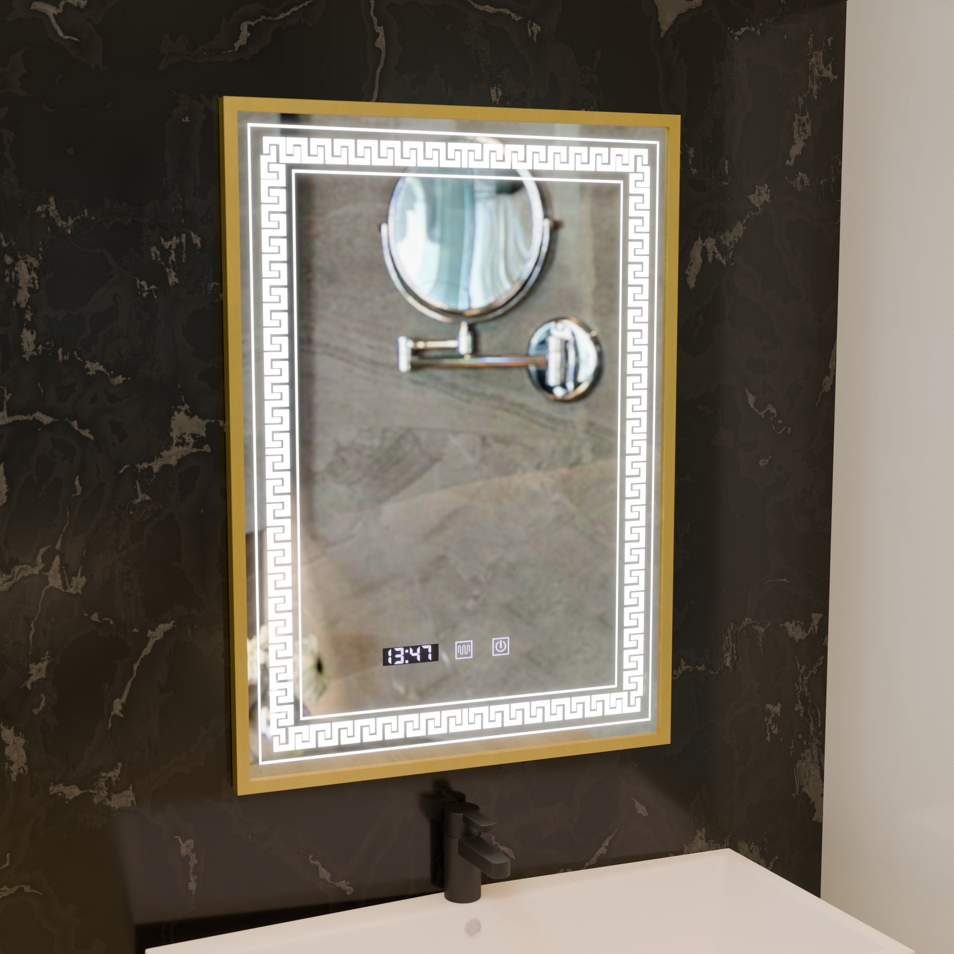 Огледало LED Touch Bruno Demister System, Clock and Temperature 60x80 cm Матирана златна рамка, S84/60X80 Огледала Korman S Заглавие по подразбиране Alessandro Design