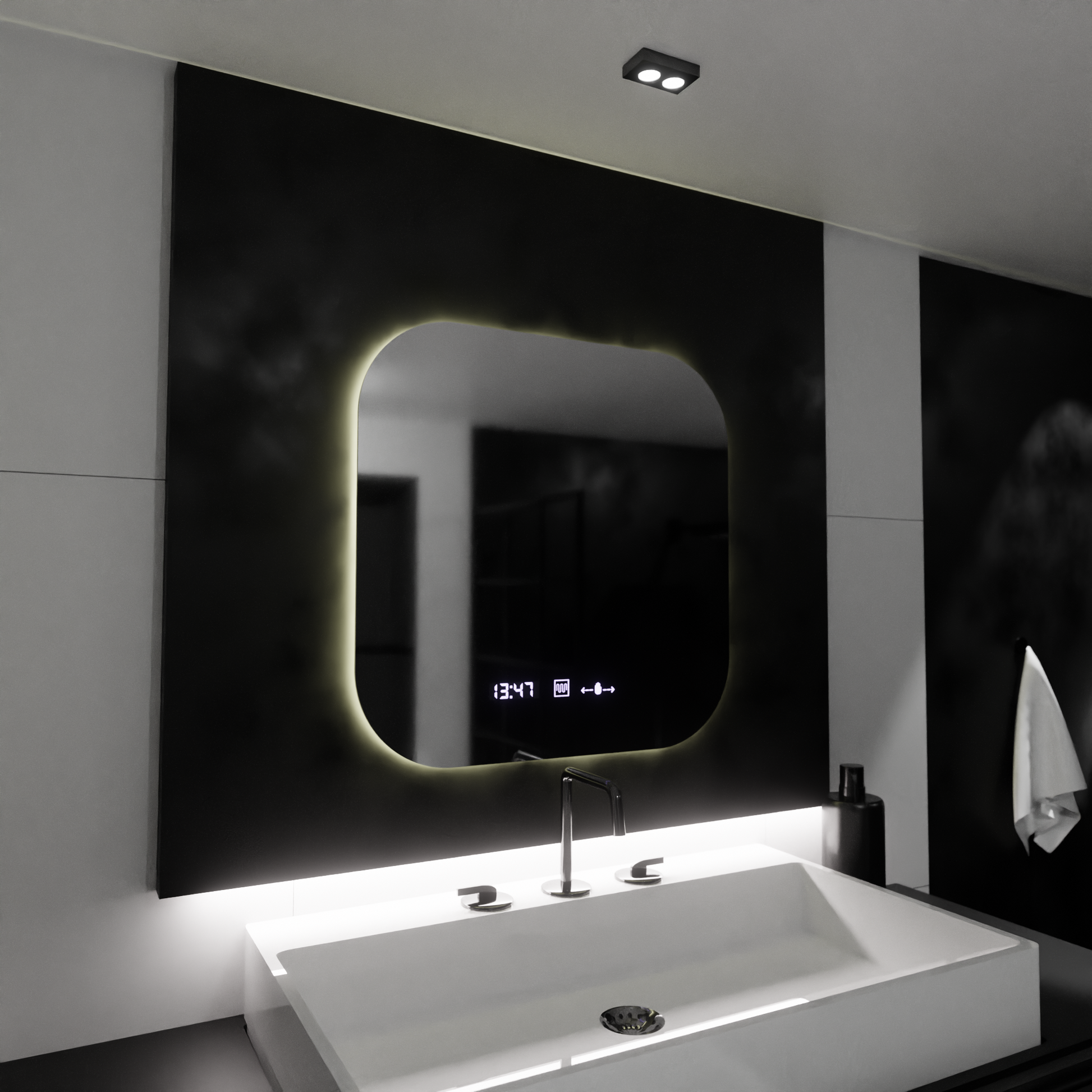 Правоъгълно LED огледало 60x60 Aura Riflesso Puro MotionGlow Marcello, система за обезпотяване, термометър и часовник, димируеми огледала Marcello Заглавие по подразбиране Alessandro Design