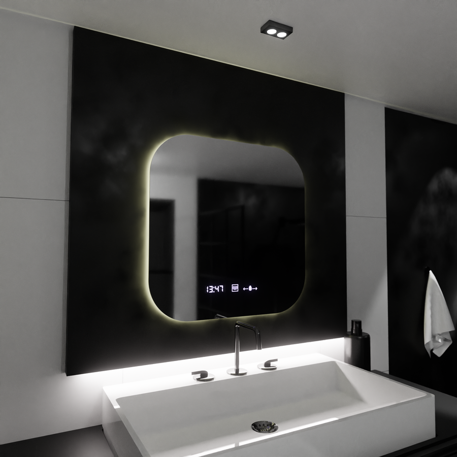 Правоъгълно LED огледало 60x60 Aura Riflesso Puro MotionGlow Marcello, система за обезпотяване, термометър и часовник, димируеми огледала Marcello Заглавие по подразбиране Alessandro Design