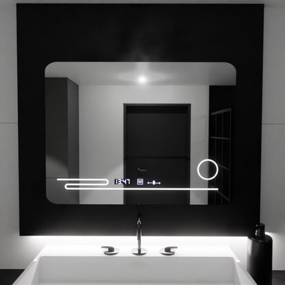 Правоъгълно LED огледало, 80x60 см, Harmonie MotionGlow Marcello, система за обезпотяване, термометър и часовник, козметична лупа, димируеми огледала Marcello Заглавие по подразбиране Alessandro Design