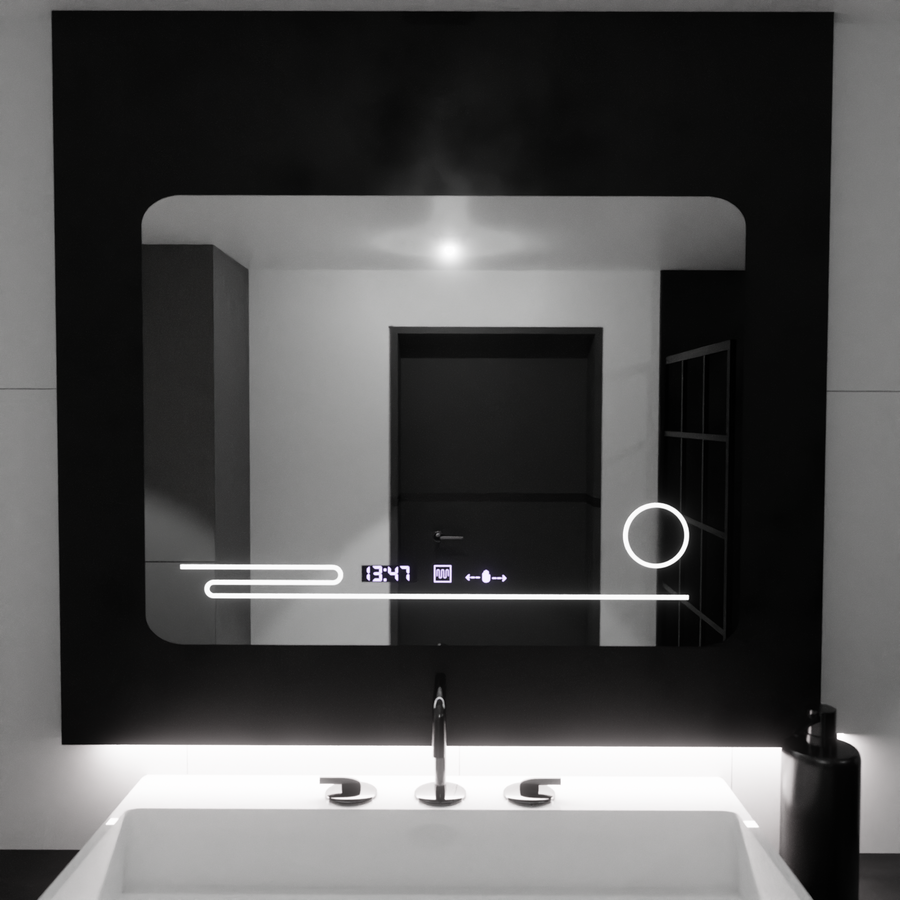 Правоъгълно LED огледало, 80x60 см, Harmonie MotionGlow Marcello, система за обезпотяване, термометър и часовник, козметична лупа, димируеми огледала Marcello Заглавие по подразбиране Alessandro Design