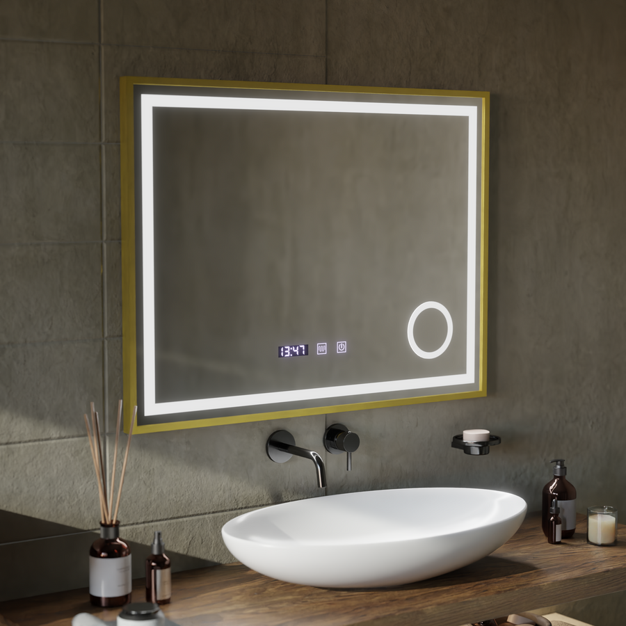 LED Touch CLARUS Система за размразяване на огледалото, часовник и температура 80x60 cm Златна рамка Матирана козметична лупа Огледала Korman S Заглавие по подразбиране Alessandro Design