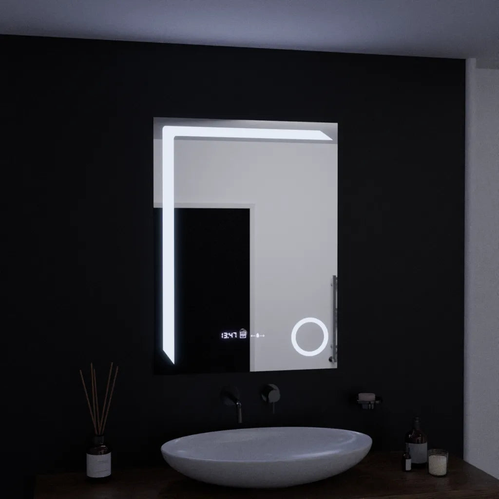 Правоъгълно LED огледало, 60x80 см, Precision MotionGlow Marcello, система за обезпотяване, часовник и термометър, козметична лупа, димируеми огледала Marcello Заглавие по подразбиране Alessandro Design