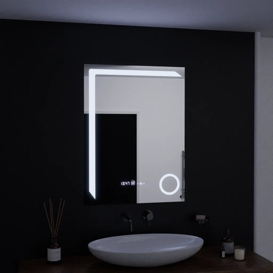Правоъгълно LED огледало, 60x80 см, Precision MotionGlow Marcello, система за обезпотяване, часовник и термометър, козметична лупа, димируеми огледала Marcello Заглавие по подразбиране Alessandro Design