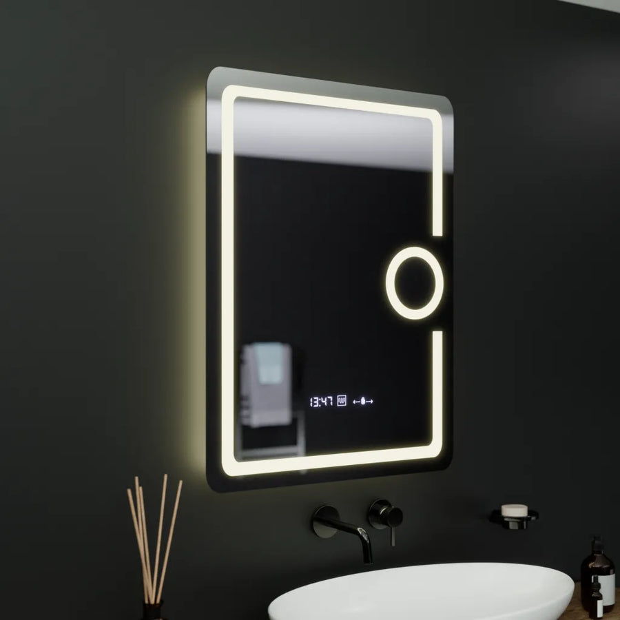 Правоъгълно LED огледало, 60x80 см, Eclat MotionGlow Marcello, часовник и термометър, система против запотяване, козметична лупа, огледала Dimabila Marcello Заглавие по подразбиране Alessandro Design