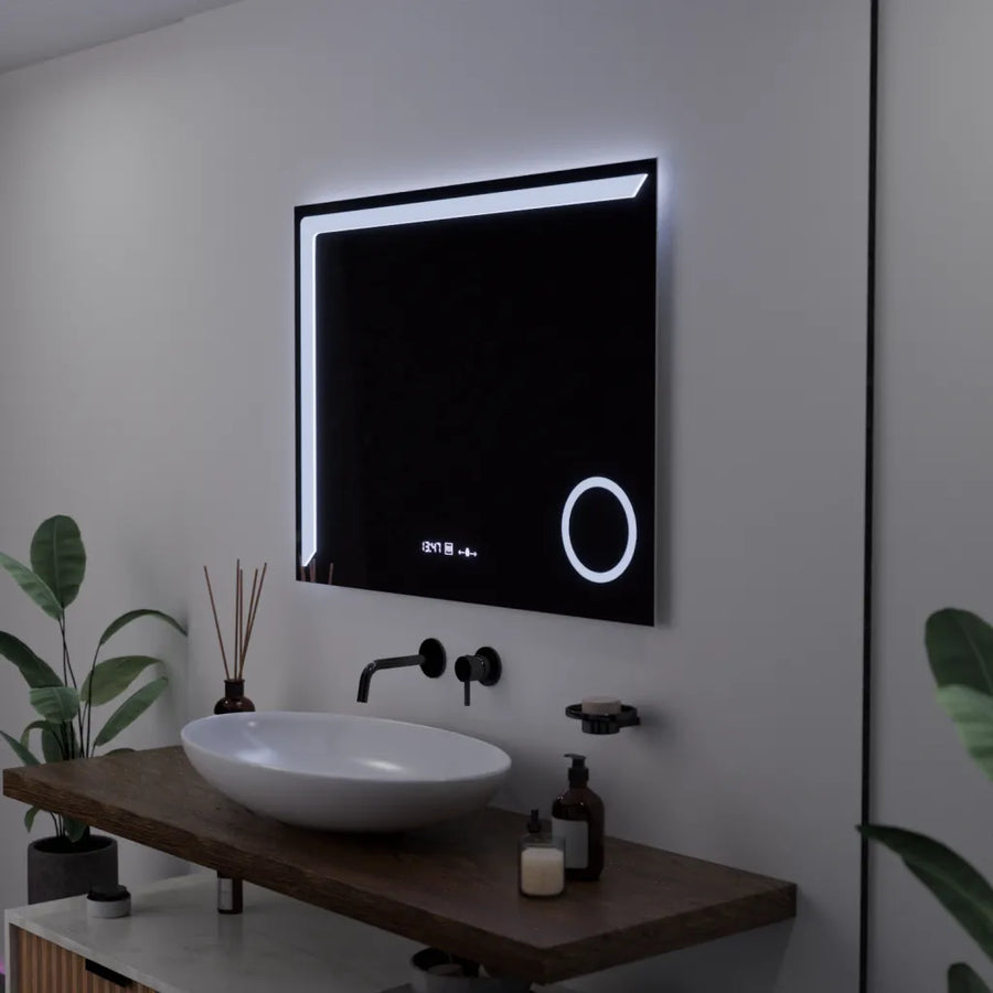 Правоъгълно LED огледало, 80x60 см, Precision MotionGlow Marcello, система за обезпотяване, часовник и термометър, козметична лупа, димируеми огледала Marcello Заглавие по подразбиране Alessandro Design