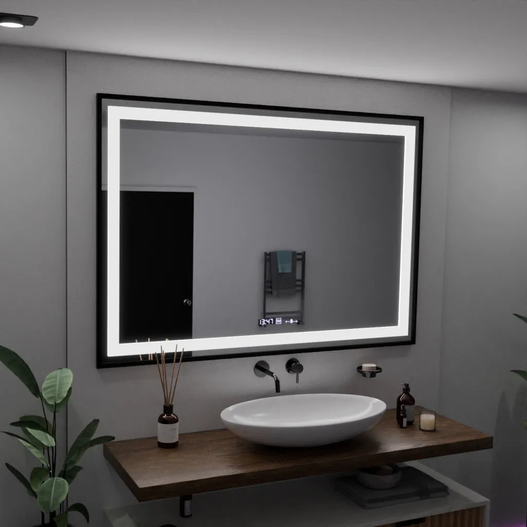 Правоъгълно LED огледало, 100x65 см, Verite Majeste Noir Motion Glow Marcello, система за обезпотяване, часовник и термометър, димируеми огледала Marcello Заглавие по подразбиране Alessandro Design